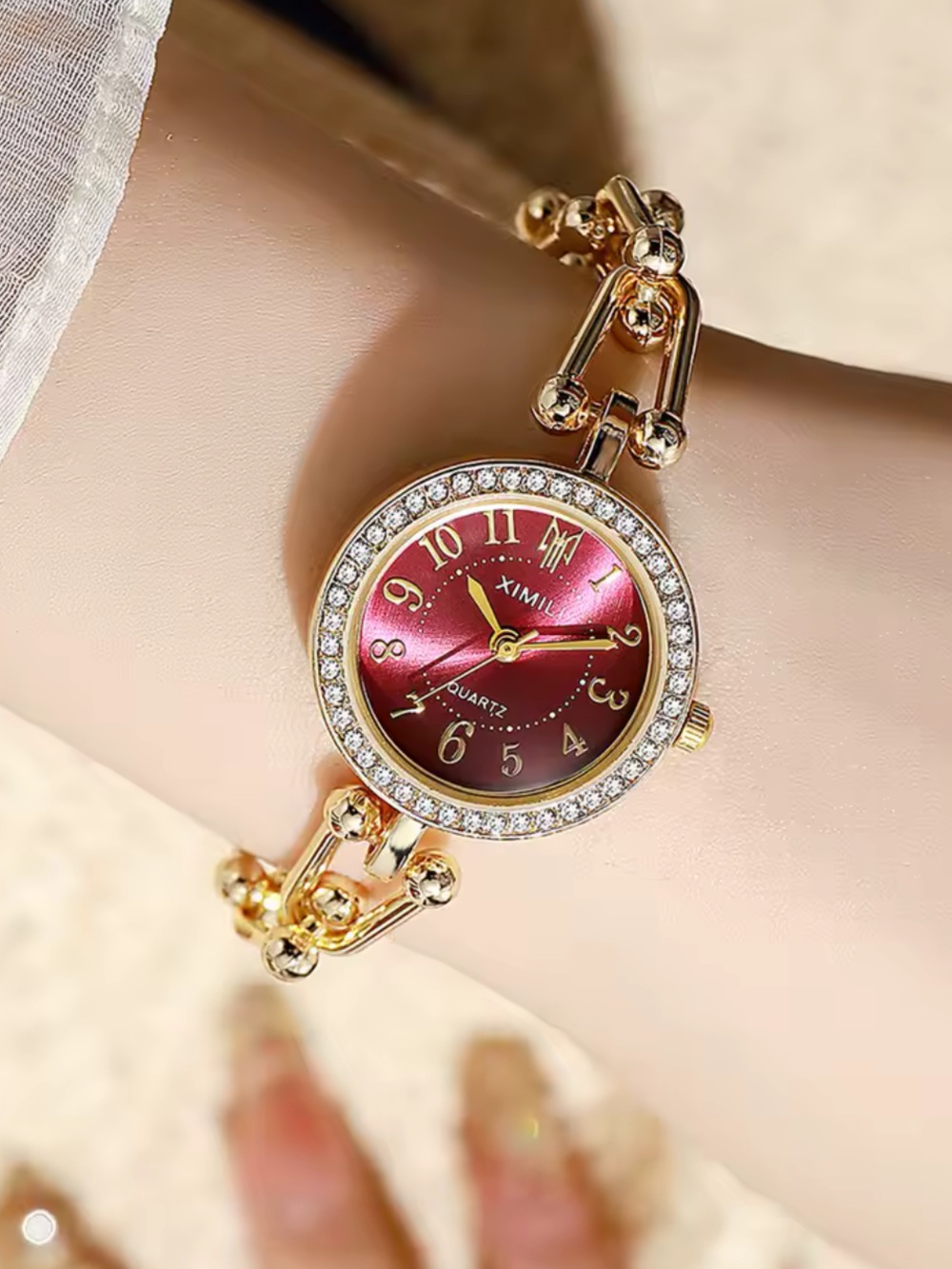 Gold Bracelet Watch with Red Dial - Unbranded